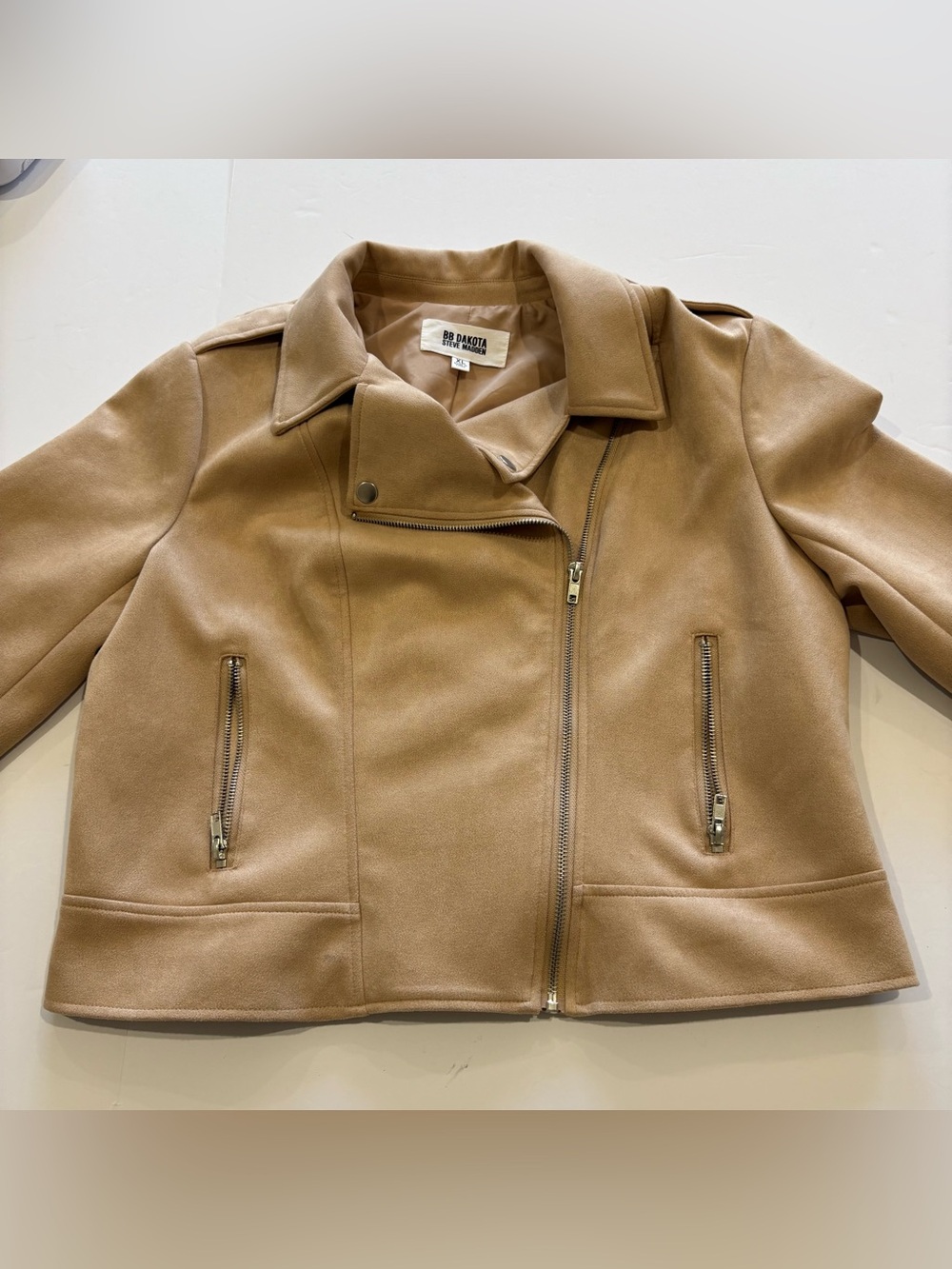 BB Dakota Steve Madden Womens XL Tan Faux Suede Moto Biker Jacket Zip